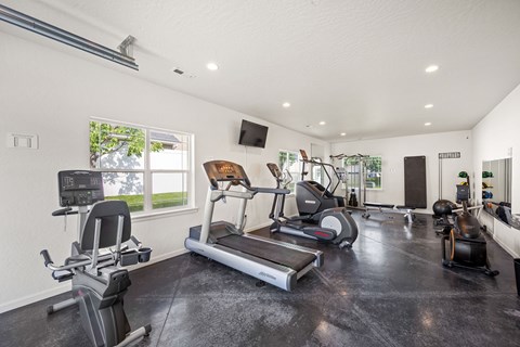 A spacious home gym with treadmills, elliptical machines, and other exercise equipment.