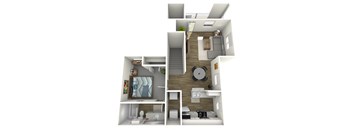 A 3D rendered image of a small apartment with a bedroom, living room, and kitchen.