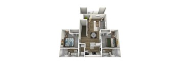 A 3D rendered image of a small apartment layout.