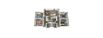 A 3D floor plan of a small apartment with a kitchen, living room, and bedroom.