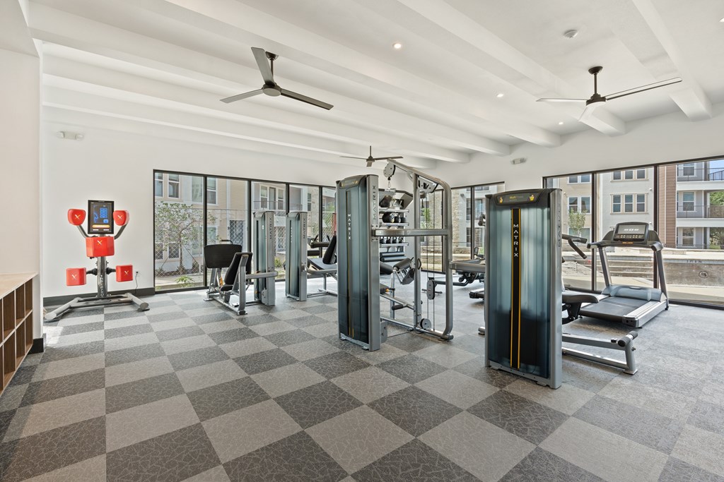 A gym with a variety of equipment including treadmills, weights, and exercise machines.