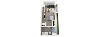 A floor plan of a small apartment with a living room, kitchen, and bathroom.
