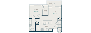 A floor plan of a house with labeled rooms such as sleep, style, live, closet, linen, cook, and pantry.