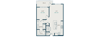 A floor plan of a house with a bedroom, living room, kitchen, and bathroom.