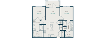 A floor plan of a house with three bedrooms, a living room, a kitchen, and two bathrooms.