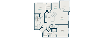 A floor plan of a house with two bedrooms, a living room, a dining room, a kitchen, a bathroom, and a laundry area.