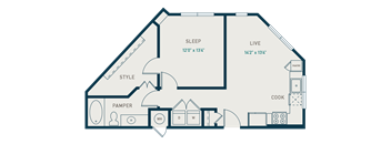 A floor plan of a house with a sleeping area, a living area, a pantry, a cooking area, and a bathroom.