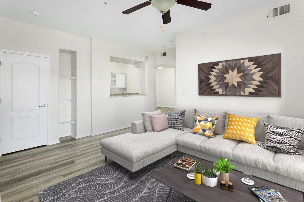 a living room with a couch and a coffee table