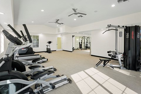 A spacious gym with treadmills, elliptical machines, and other exercise equipment.