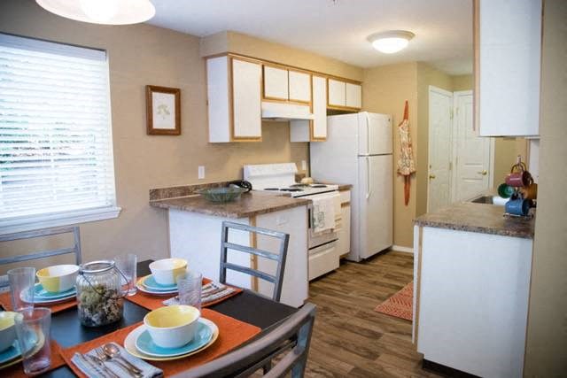 a kitchen with a table with plates on it