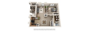 A 3D rendered image of a house layout.
