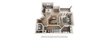 A floor plan of a house with a kitchen, living room, dining room, and bathrooms.
