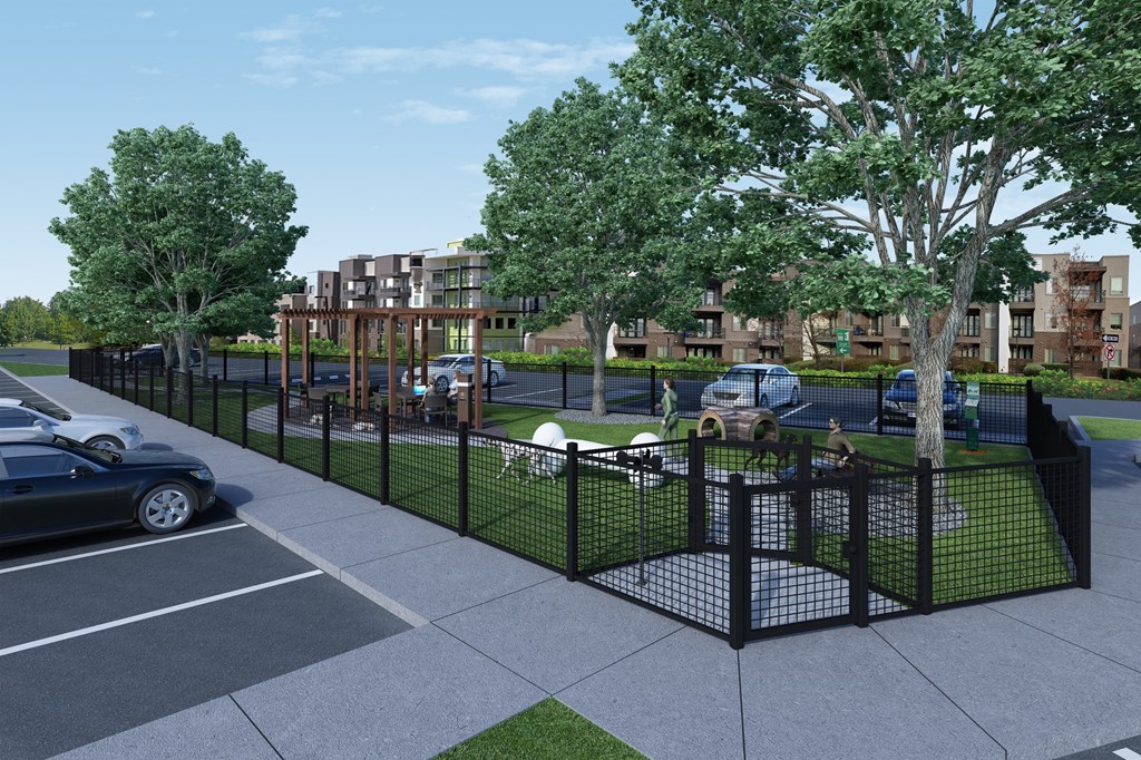 a rendering of a park with a dog park and cars parked in the parking lot