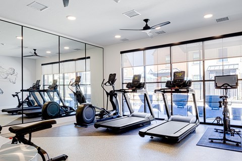 A gym with treadmills, exercise bikes, and elliptical machines.