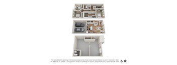 A floor plan of an apartment is shown with three different layouts.