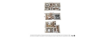 Three different floor plans for an apartment are shown.
