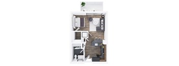 A top-down view of a small apartment with a kitchen, living room, and bathroom.