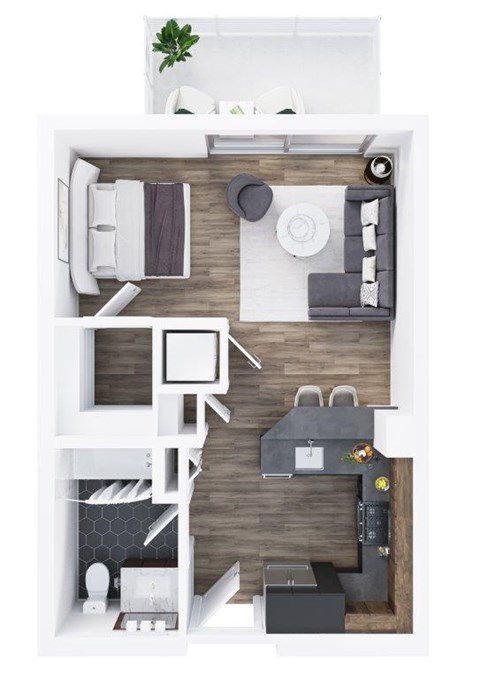 A top-down view of a small apartment with a kitchen, living room, and bathroom.