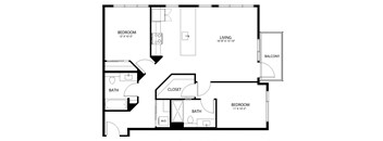 A black and white image of a floor plan for a home with a living room, two bedrooms, a bathroom, a closet, and a balcony.