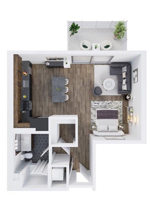 A top-down view of a small, modern apartment with a kitchen, living room, and bathroom.