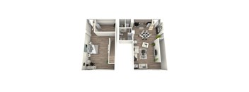 A top-down view of a modern apartment with one bedroom, a living room, and a kitchen.