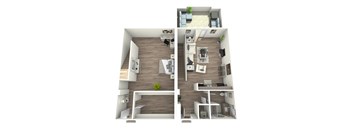 A 3D floor plan of a modern apartment with a living room, kitchen, and bedroom.