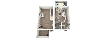 A top-down view of a modern apartment with one bedroom, a living room, and a kitchen.