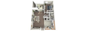 A 3D floor plan of a 1 bedroom apartment home with a kitchen, living room, and bedroom.