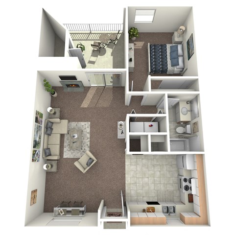 A 3D floor plan of a 1 bedroom apartment home with a kitchen, living room, and bedroom.