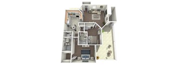A 3D floor plan of a house showing all the rooms and their layouts.