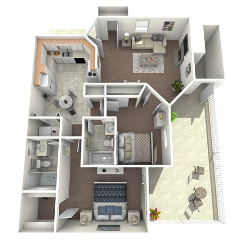 A 3D floor plan of a house showing all the rooms and their layouts.