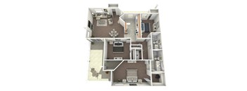 A 3D floor plan of the 3 bed 2 bath apartment home with a living room and kitchen.
