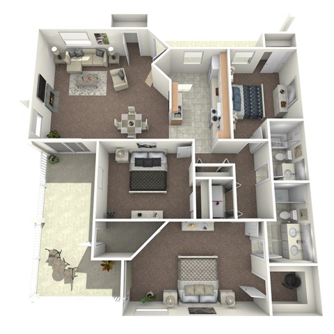 A 3D floor plan of the 3 bed 2 bath apartment home with a living room and kitchen.