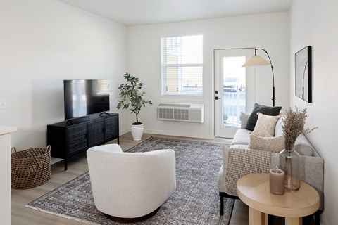 a living room with a couch and a chair and a television