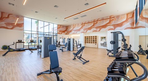 A gym with a variety of equipment including treadmills, weights, and exercise machines.