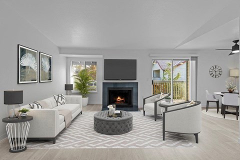 a rendering of a living room with a fireplace