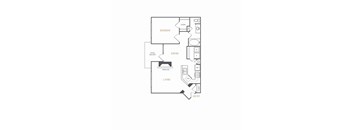 A floor plan of a house with a living room, dining room, kitchen, bedroom and bathroom.
