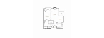 A black and white floor plan of an apartment with a bedroom, living room, dining room, and kitchen.