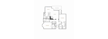 A black and white floor plan of a house with two bedrooms, a living room, a dining area, a pantry, a storage area, and an entry closet.