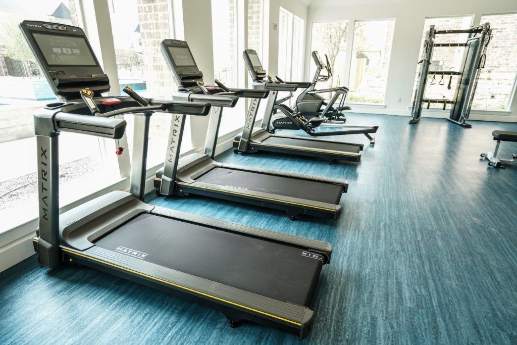 A gym with treadmills and elliptical machines.