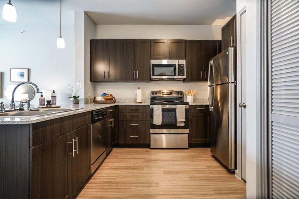 A modern kitchen with dark wood cabinets and stainless steel appliances.