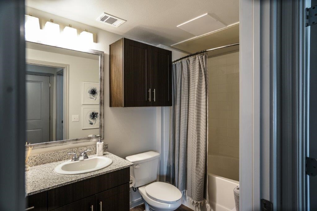 A bathroom with a sink, toilet, and shower.