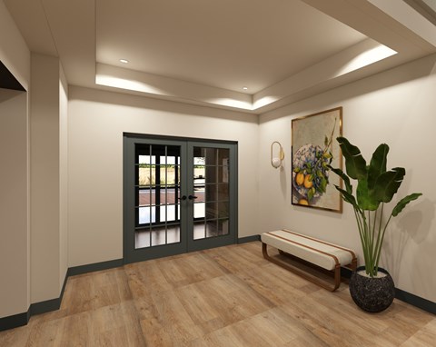 A room with a bench, a potted plant, and a painting on the wall.