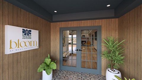 A room with a sign that says "bloom at west university" on the wall.
