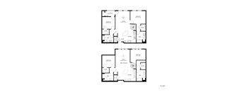 A floor plan of a two-story house with two bedrooms, two bathrooms, a living room, a kitchen, and a garage.