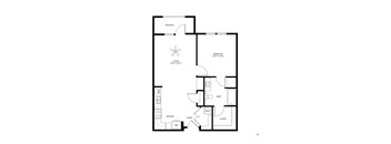 A drawing of a floor plan for a home with a living room, kitchen, bathroom, and bedroom.