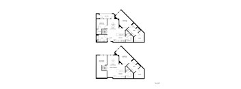 A floor plan of an apartment with two bedrooms, two bathrooms, a balcony, and a laundry area.