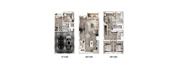 Floor plan of Eureka with 3 stories, garage, 4 bedrooms, kitchen, living area, dining room, and 3 and a half bathrooms