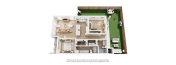 A floor plan of a house with a living room, kitchen, dining room, and two bedrooms.