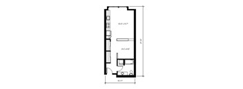 A floor plan drawing of a room with dimensions and furniture layout.